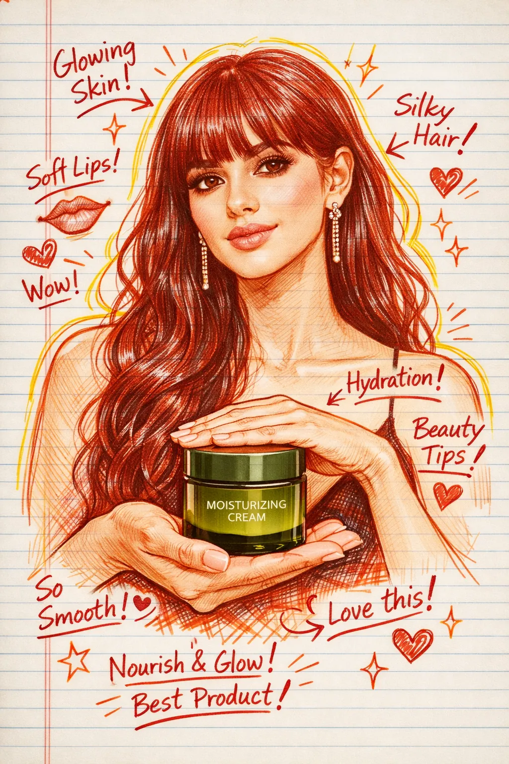 Hand-drawn doodle portrait illustration with red and yellow pen strokes on notebook paper.